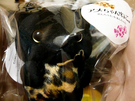 ヒョウ柄のアメをかかえた黒猫…