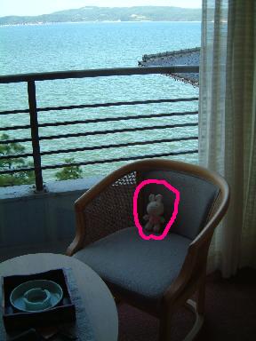 海が見える椅子に腰掛ける管理人（ぬいぐるみ）
