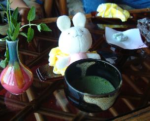 ウェルカムドリンクのお抹茶をいただく管理人（ぬいぐるみ）